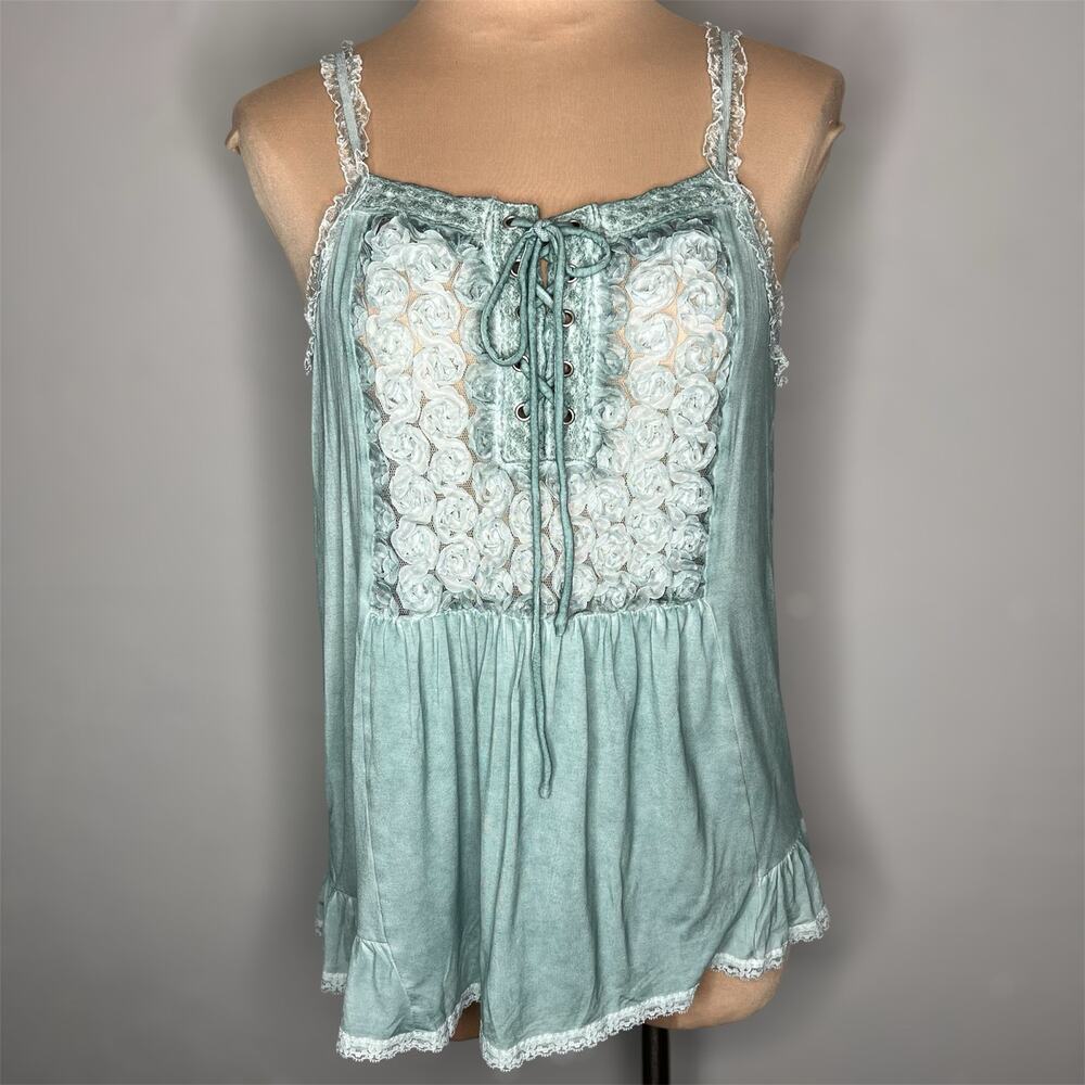 Pol Tank Top Small Women Blue Acid Wash Lace Up Sheer Jersey Ruffle Cami Peasant